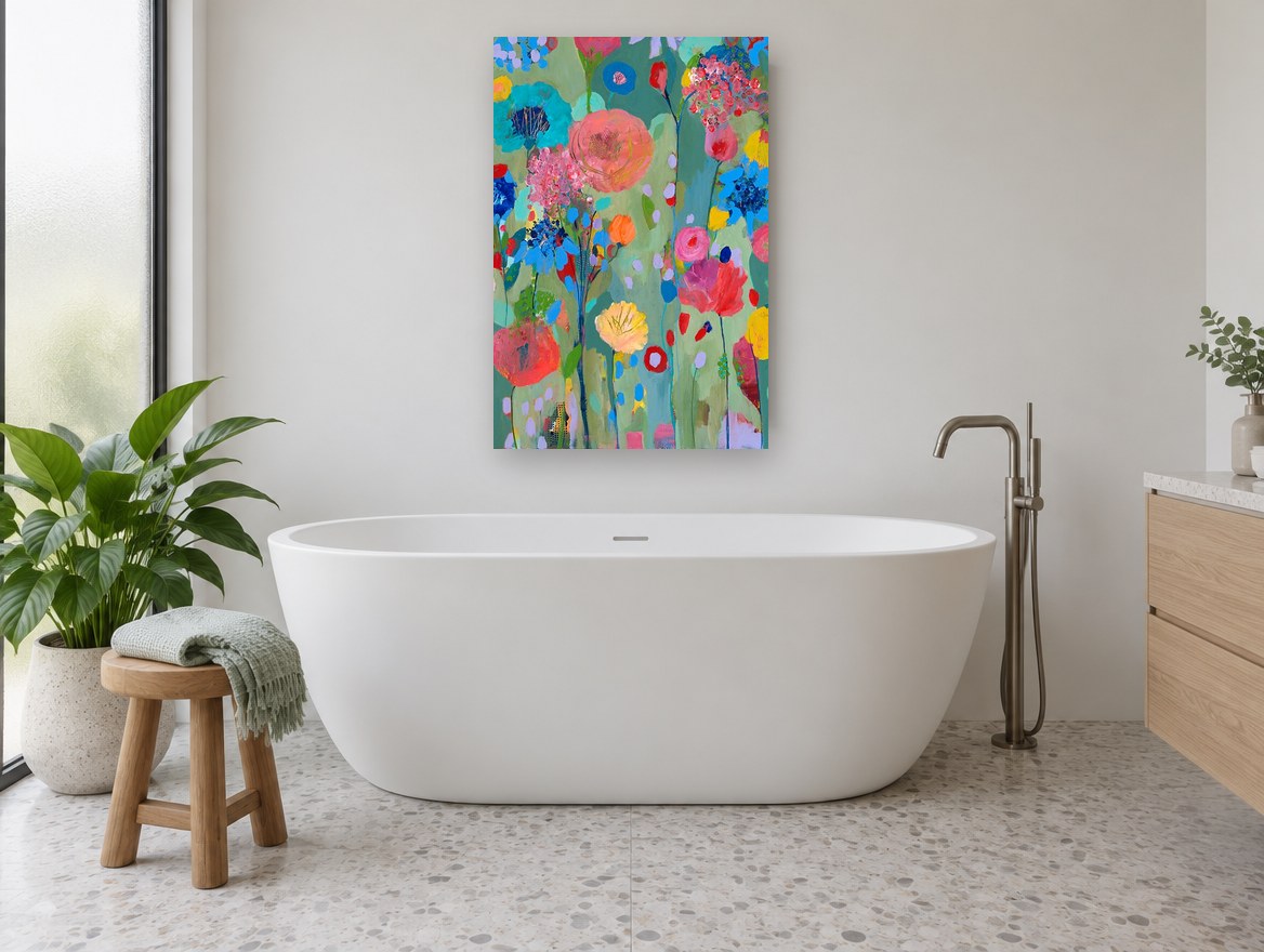Meadow of Bright Blooms floral canvas print on the wall of a bathroom