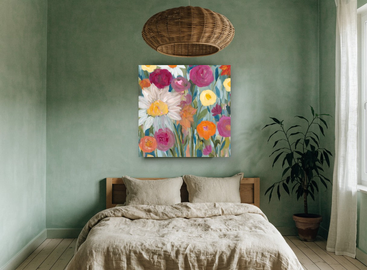 Garden at First Light floral canvas print on the wall of a bedroom