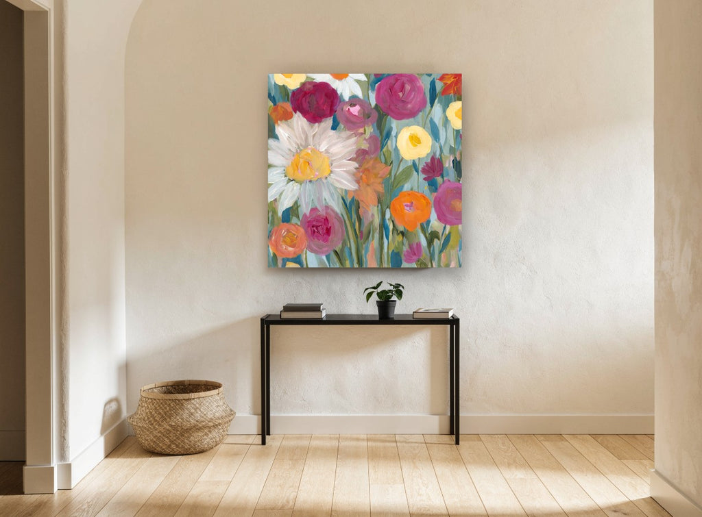 Garden at First Light floral canvas print on the wall of a hallway