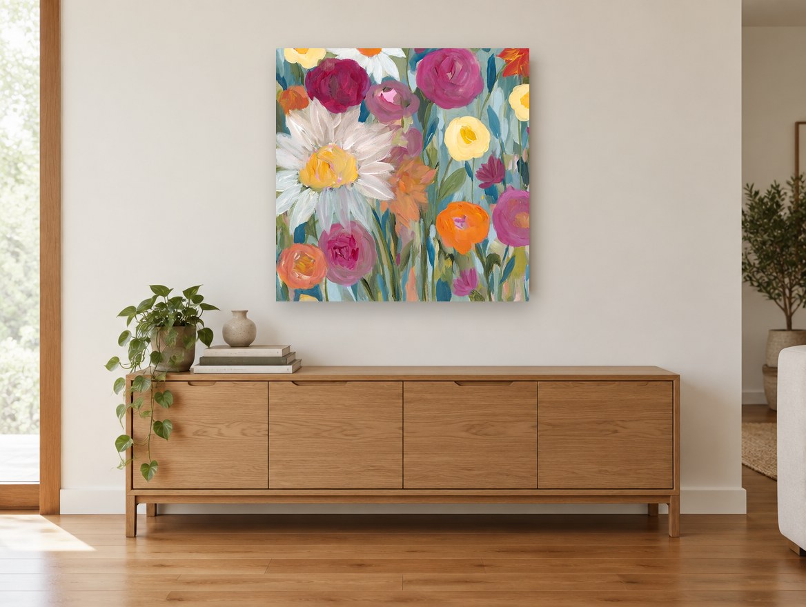 Garden at First Light floral canvas print on the wall of a living room above a sideboard