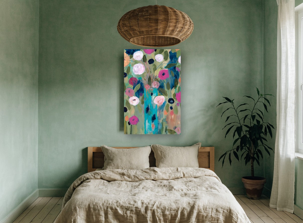 Teal Vase Garden floral canvas print on the wall of a bedroom
