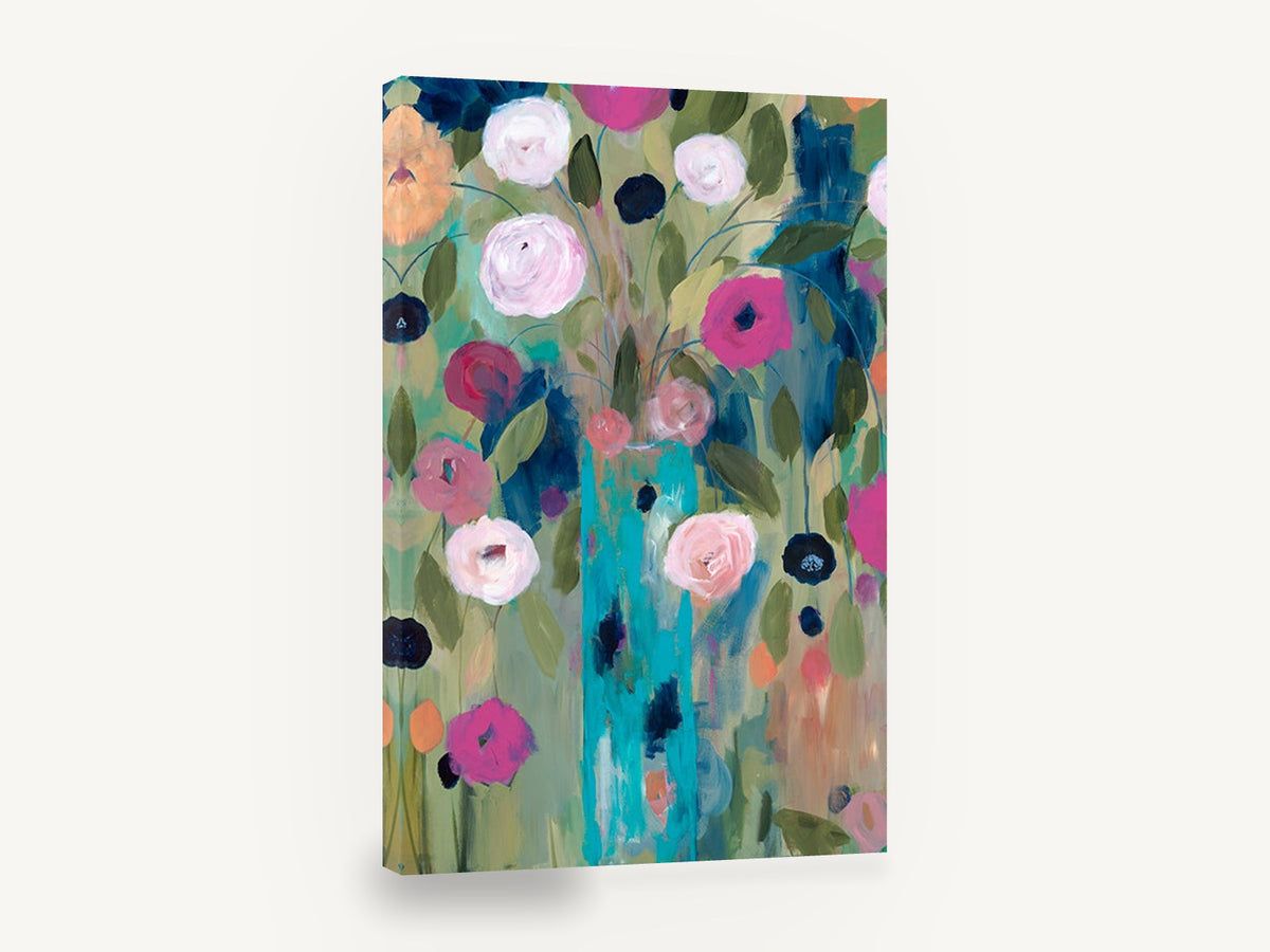 Teal Vase Garden, pink and navy flowers teal vase painting, floral canvas wall art print ready to hang