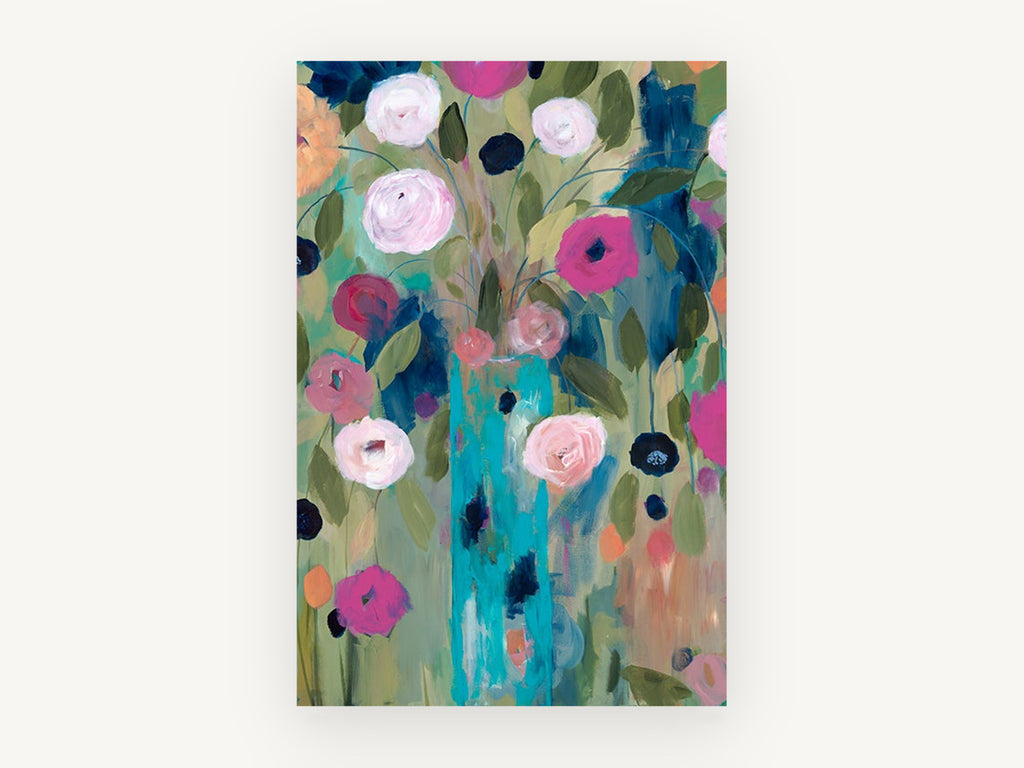 Teal Vase Garden, floral canvas wall art print, front view