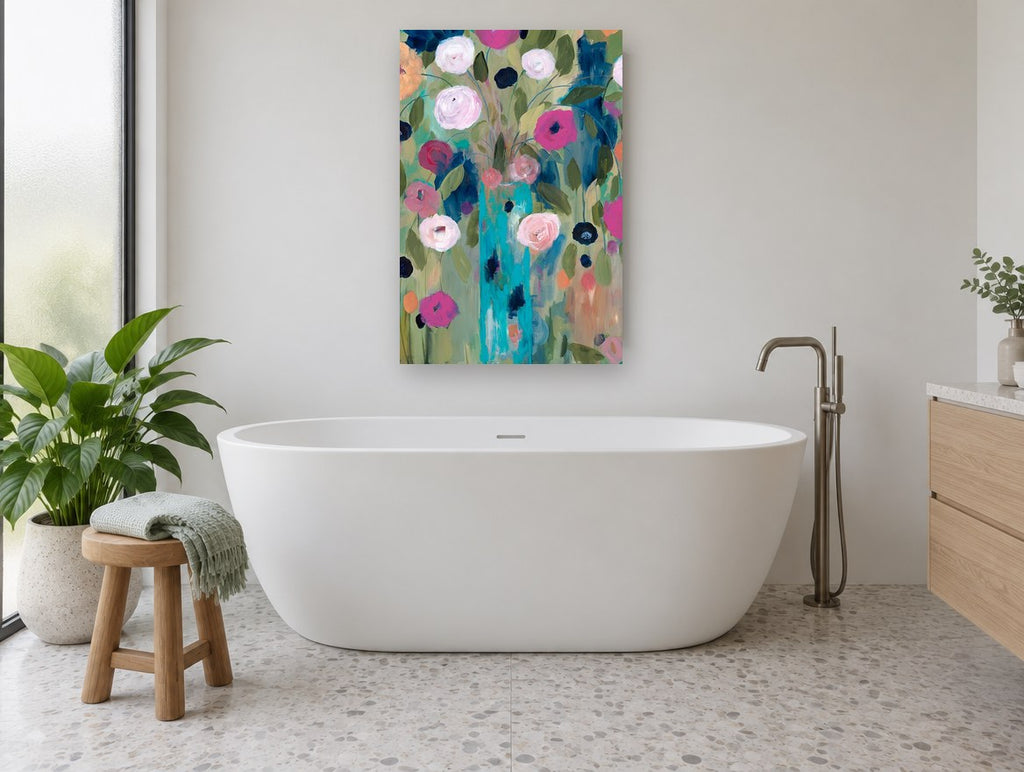 Teal Vase Garden floral canvas print on the wall of a bathroom