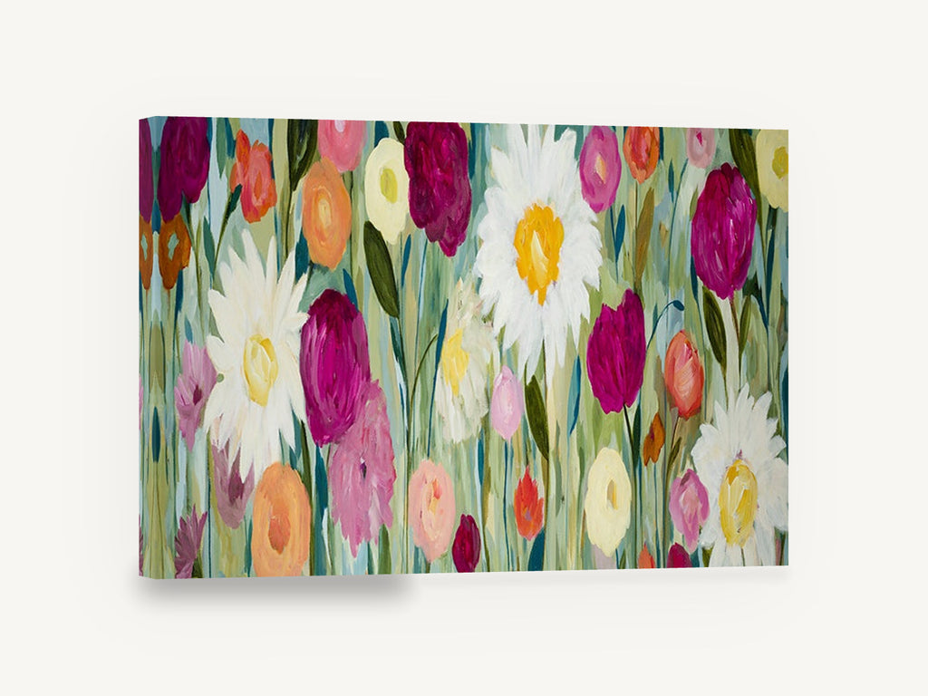 Meadow of Daisies, pink and white daisy meadow painting, floral canvas wall art print ready to hang
