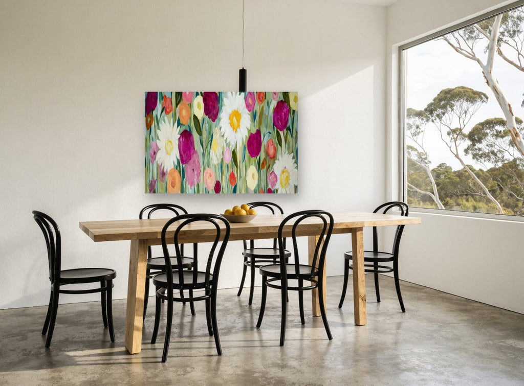 Meadow of Daisies floral canvas print on the wall of a dining room