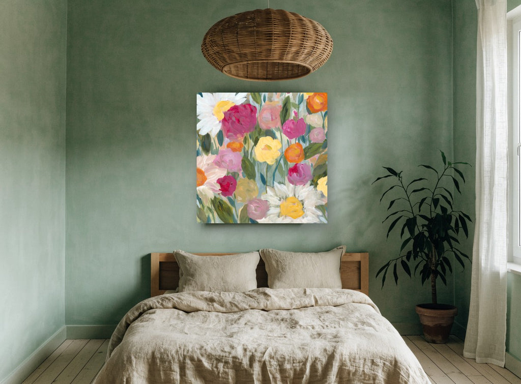 Garden of Daisies and Peonies floral canvas print on the wall of a bedroom