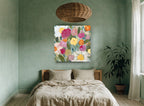 Garden of Daisies and Peonies floral canvas print on the wall of a bedroom