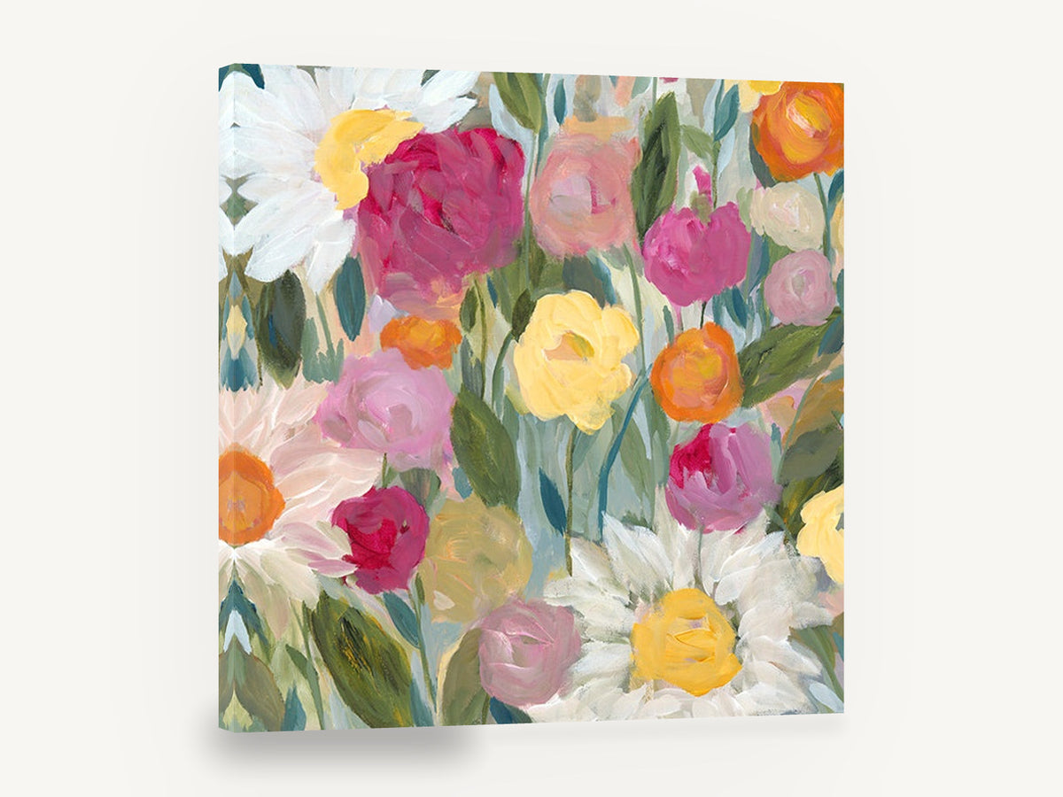 Garden of Daisies and Peonies, pink peony and white daisy floral painting, floral canvas wall art print ready to hang