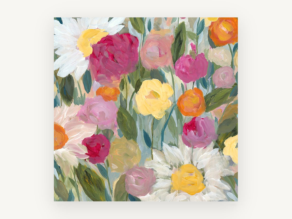 Garden of Daisies and Peonies, floral canvas wall art print, front view