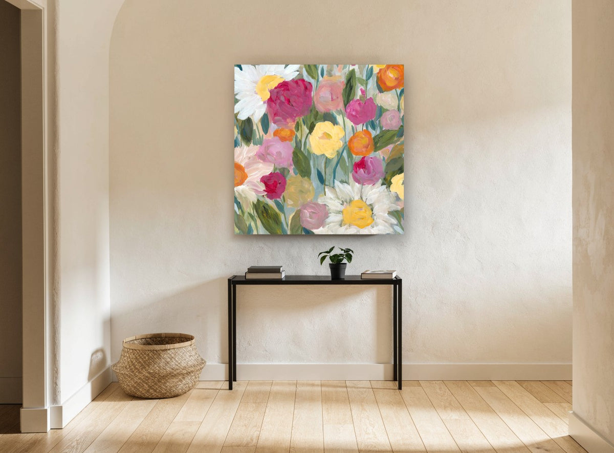 Garden of Daisies and Peonies floral canvas print on the wall of a hallway