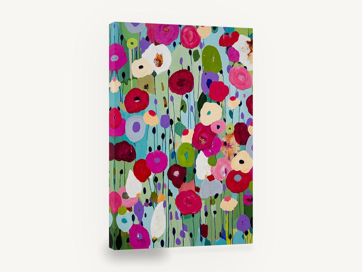 Poppy Field Confetti, colourful abstract poppies on teal, floral canvas wall art print ready to hang