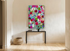 Poppy Field Confetti floral canvas print on the wall of a hallway