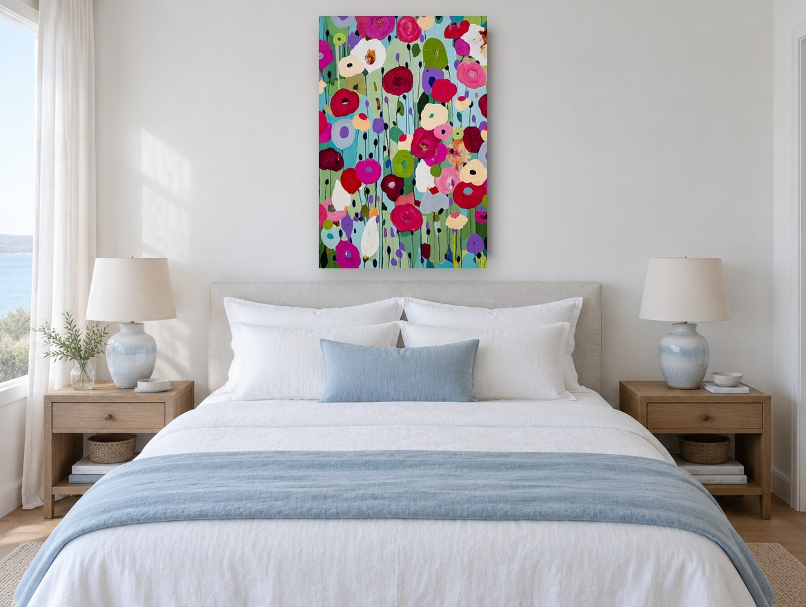 Poppy Field Confetti floral canvas print on the wall of a coastal bedroom