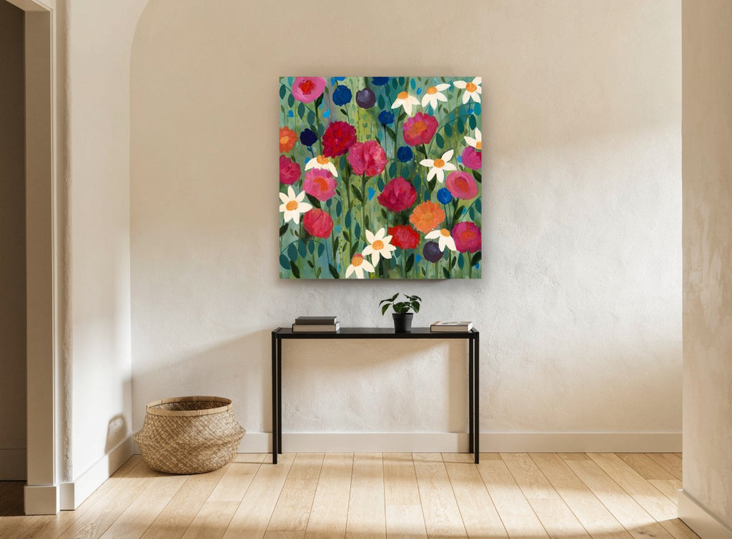 Wild Garden Bloom floral canvas print on the wall of a hallway