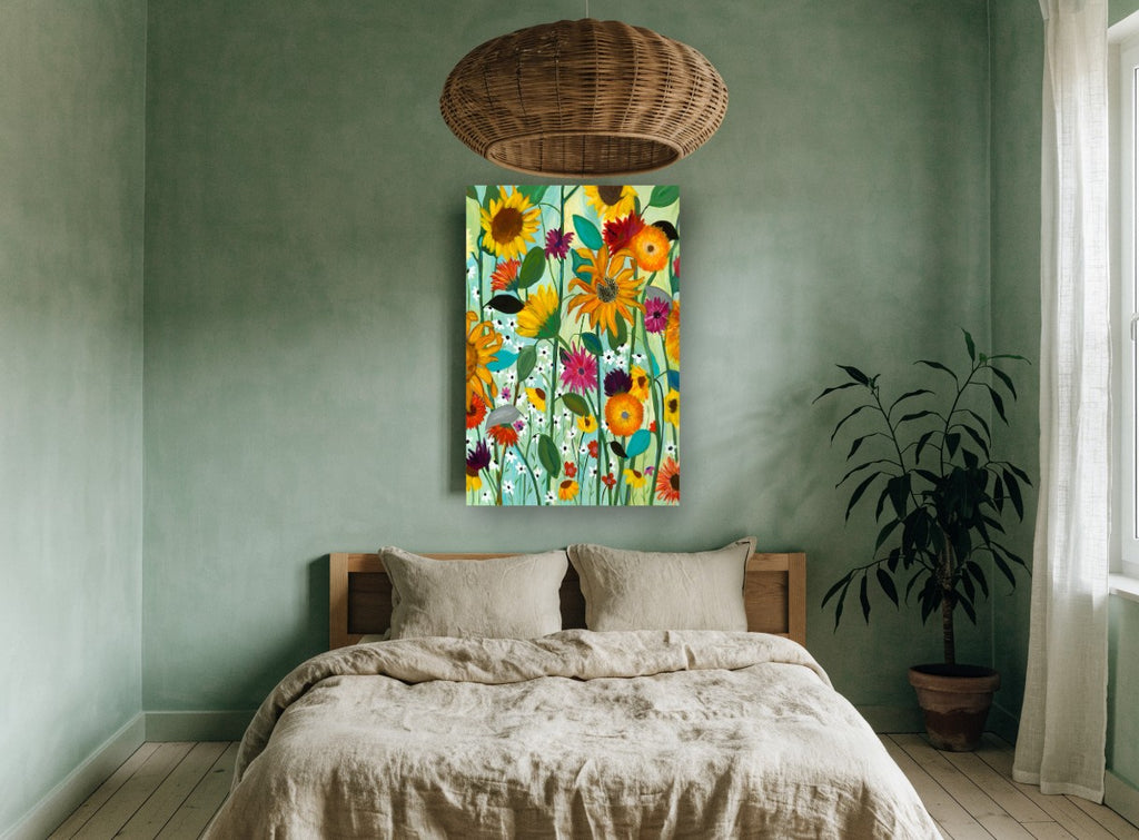 Sunflower Meadow Bloom floral canvas print on the wall of a bedroom
