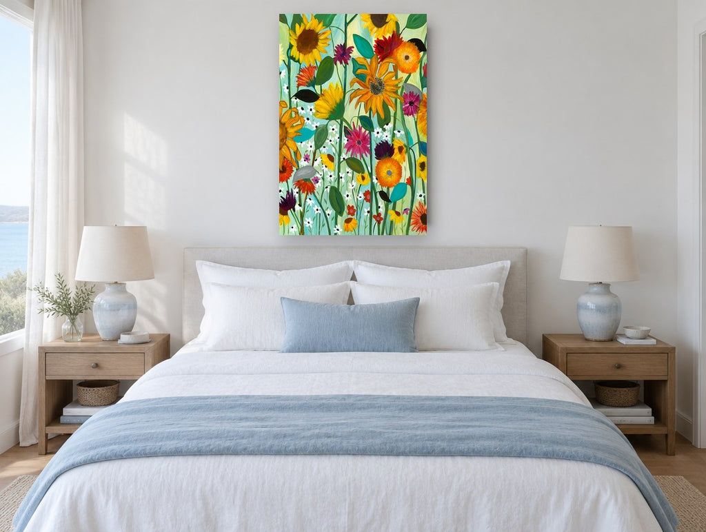 Sunflower Meadow Bloom floral canvas print on the wall of a coastal bedroom