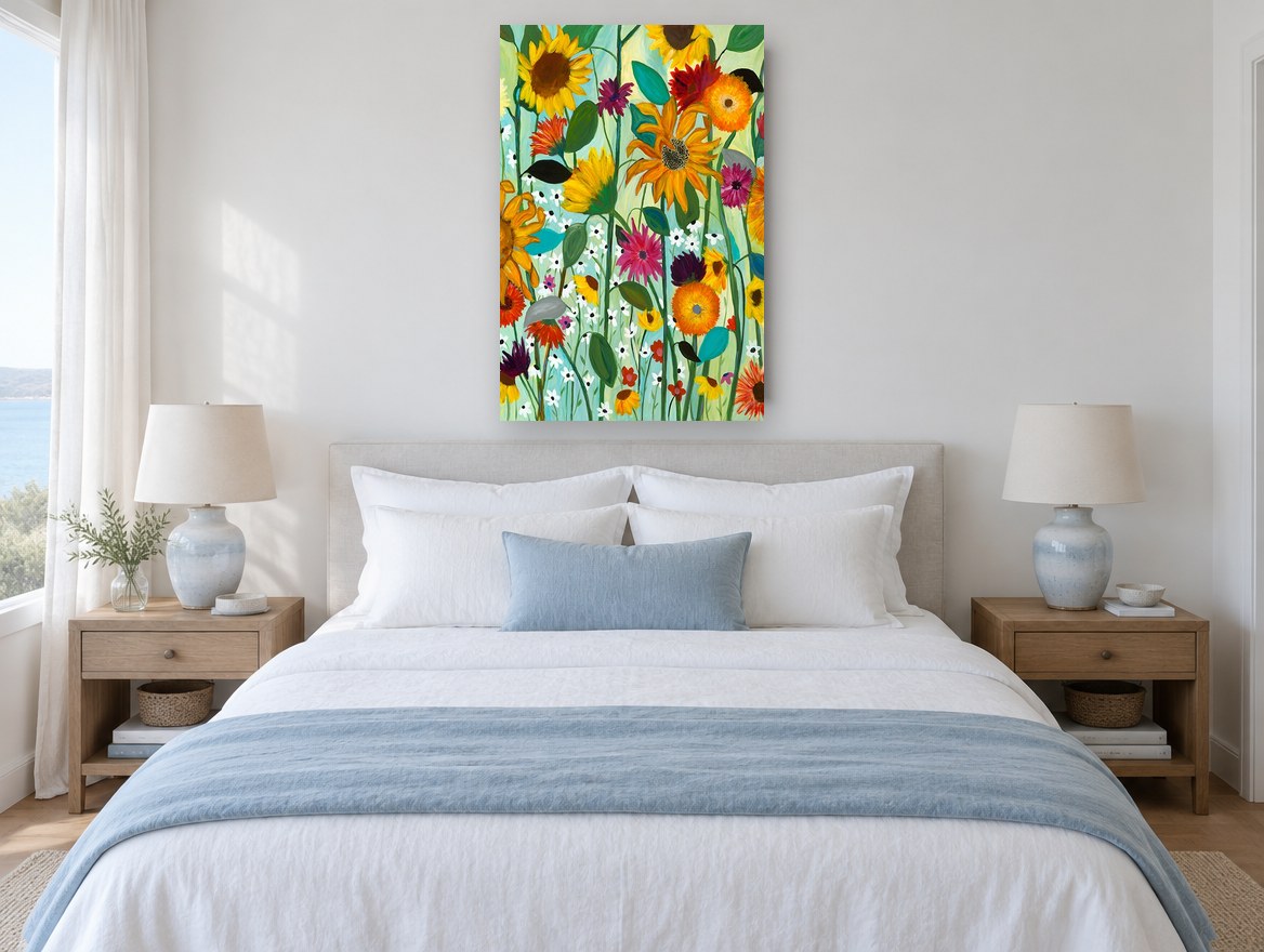 Sunflower Meadow Bloom floral canvas print on the wall of a coastal bedroom