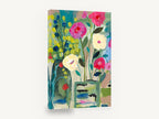 Bright Blooms in Two Vases, pink and cream peony flowers in vases, floral canvas wall art print ready to hang