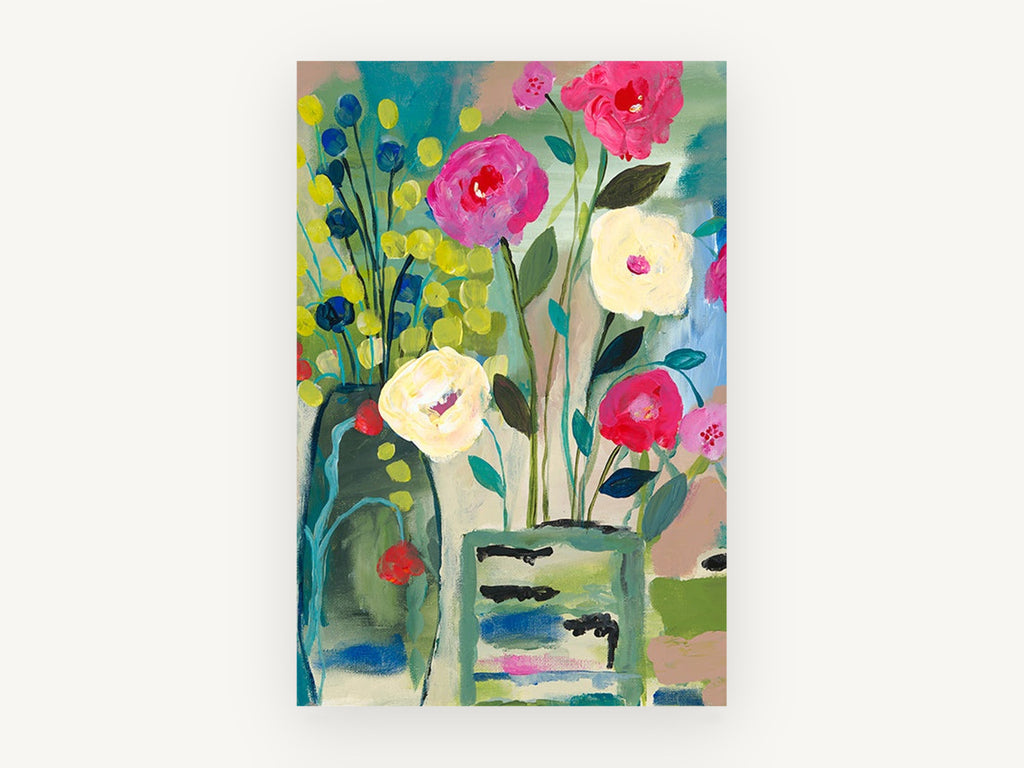 Bright Blooms in Two Vases, floral canvas wall art print, front view