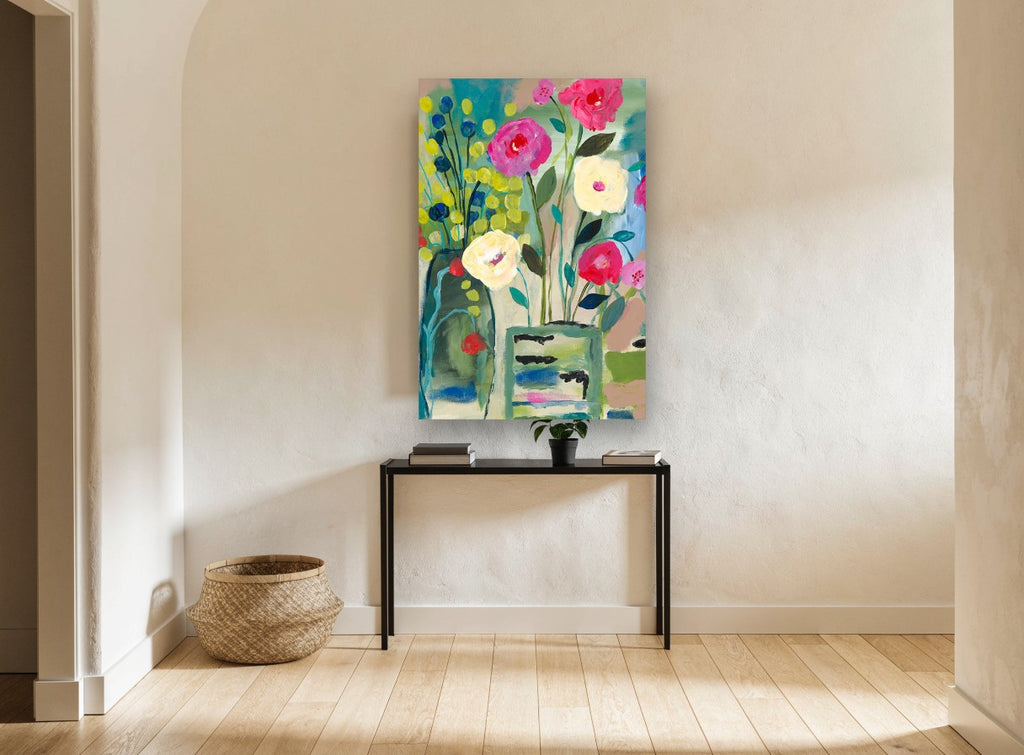 Bright Blooms in Two Vases floral canvas print on the wall of a hallway