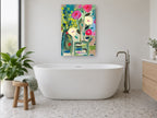 Bright Blooms in Two Vases floral canvas print on the wall of a bathroom