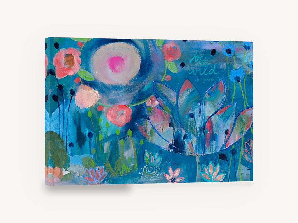 Wild Blue Garden, blue abstract floral garden wall art, floral canvas wall art print ready to hang