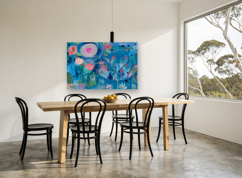 Wild Blue Garden floral canvas print on the wall of a dining room