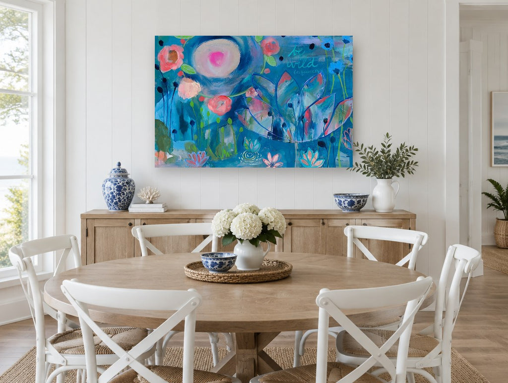 Wild Blue Garden floral canvas print on the wall of a Hamptons dining room