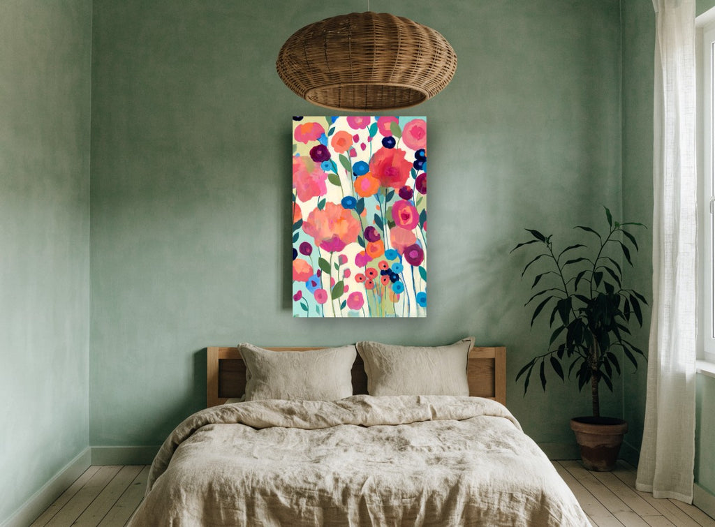 Garden of Bright Blooms floral canvas print on the wall of a bedroom