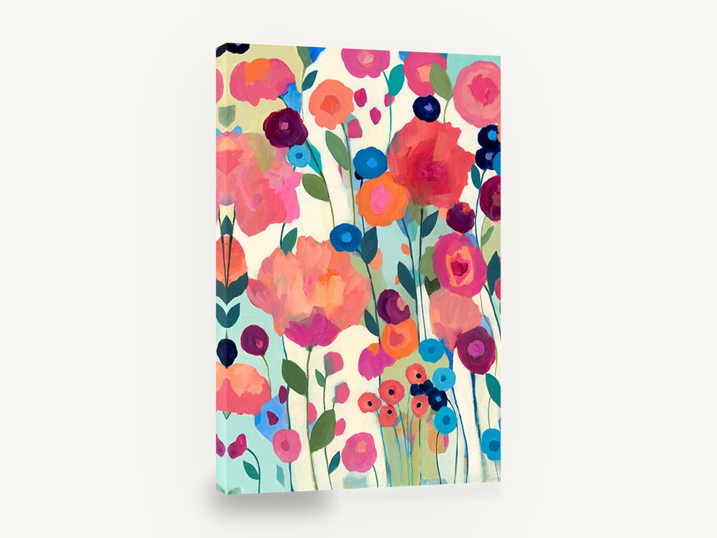 Garden of Bright Blooms, colourful abstract flowers contemporary painting, floral canvas wall art print ready to hang