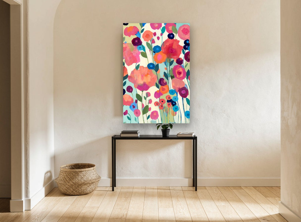 Garden of Bright Blooms floral canvas print on the wall of a hallway
