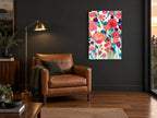 Garden of Bright Blooms floral canvas print on the wall of a charcoal living room