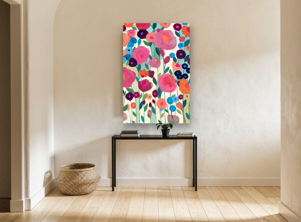 Bright Blooms Garden floral canvas print on the wall of a hallway