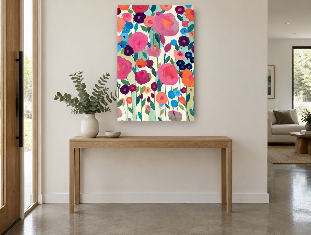 Bright Blooms Garden floral canvas print on the wall of a entry hall