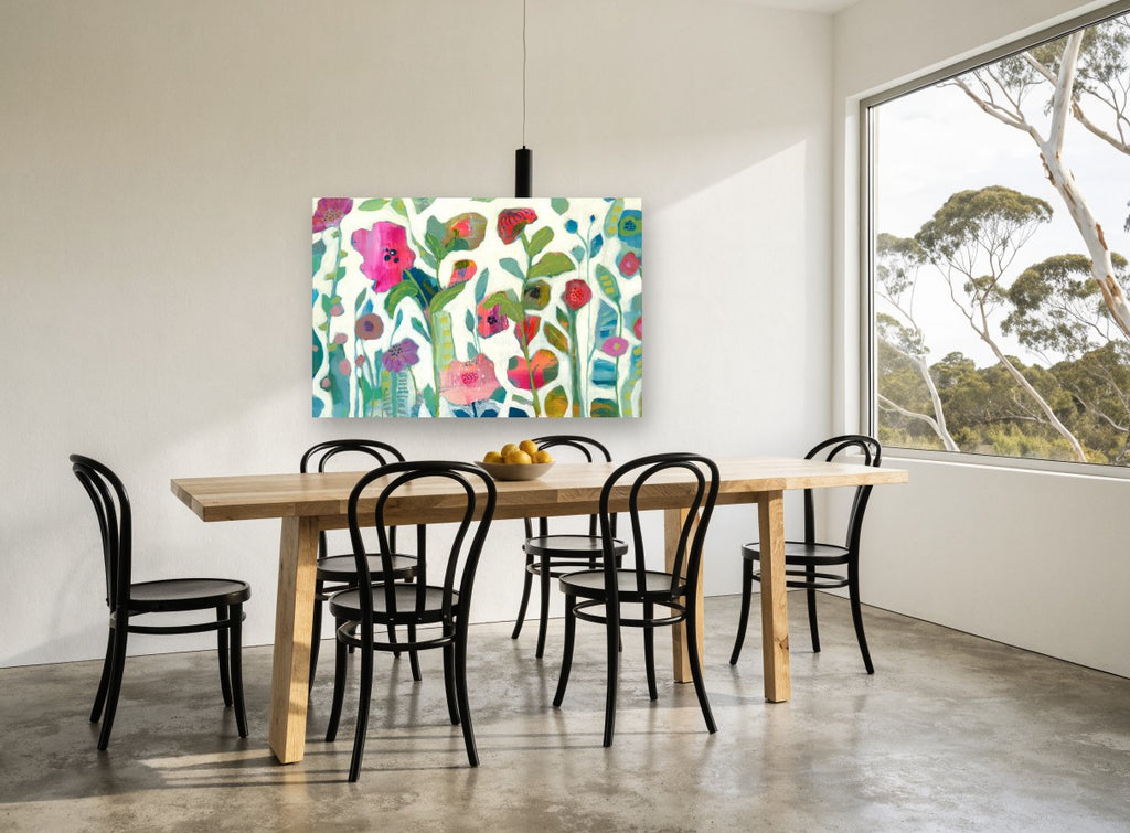 Garden Between the Cracks floral canvas print on the wall of a dining room
