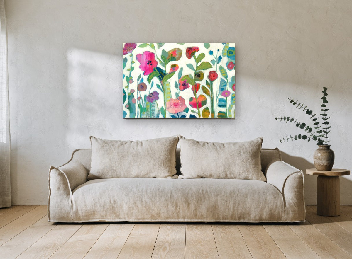 Garden Between the Cracks floral canvas print on the wall of a living room