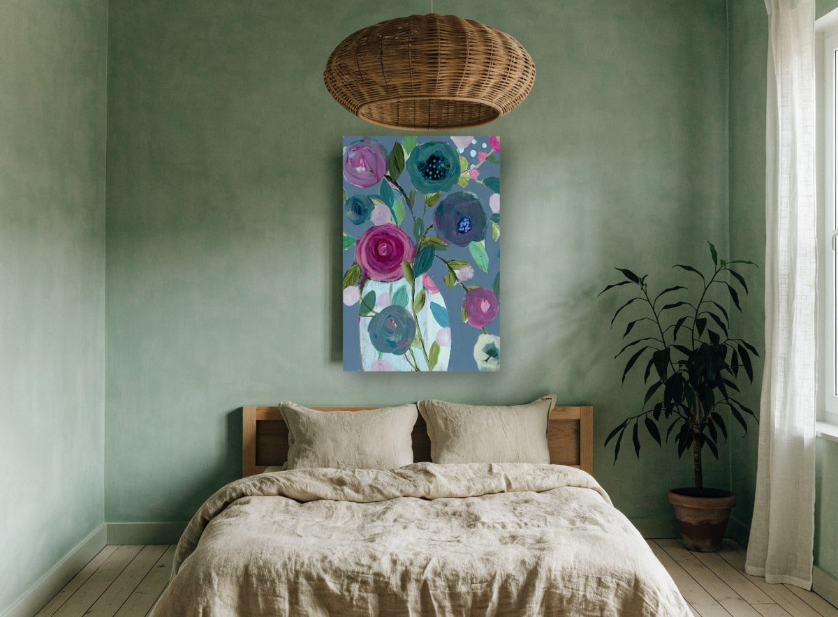 Plum Blooms on Slate floral canvas print on the wall of a bedroom