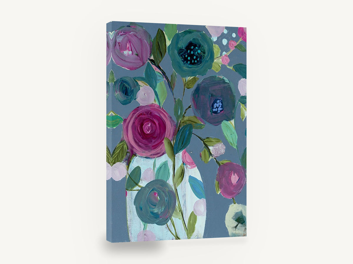 Plum Blooms on Slate, plum and teal flowers in vase, floral canvas wall art print ready to hang