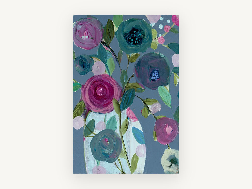 Plum Blooms on Slate, floral canvas wall art print, front view