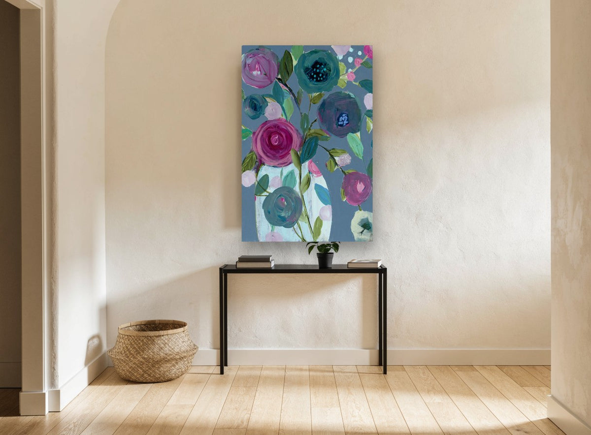 Plum Blooms on Slate floral canvas print on the wall of a hallway