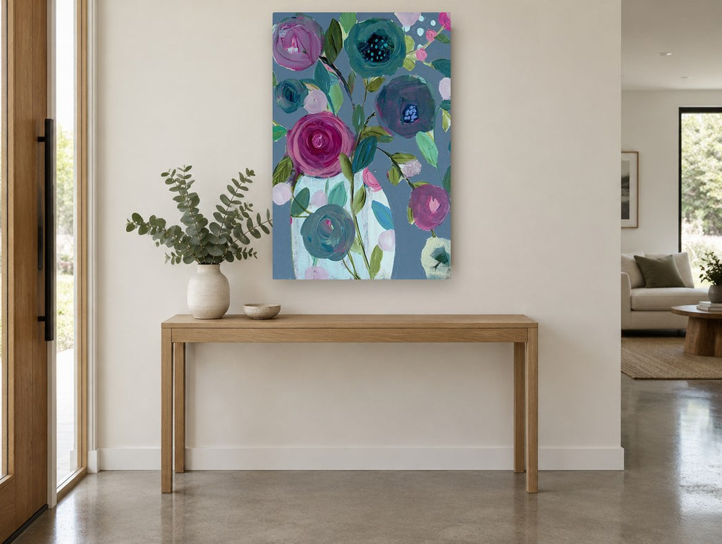 Plum Blooms on Slate floral canvas print on the wall of a entry hall