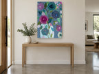 Plum Blooms on Slate floral canvas print on the wall of a entry hall