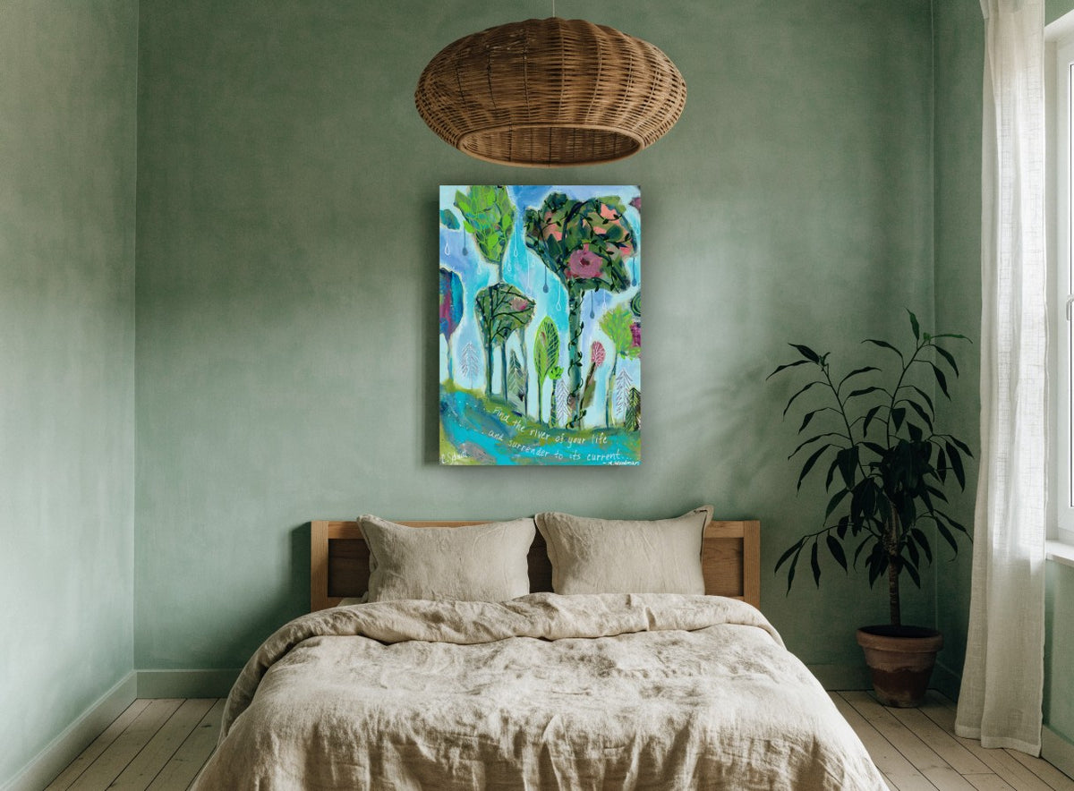 River Garden Trees floral canvas print on the wall of a bedroom