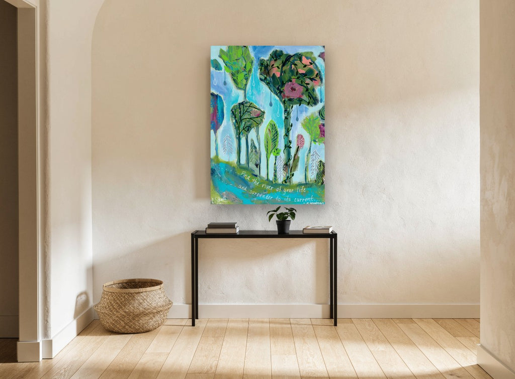 River Garden Trees floral canvas print on the wall of a hallway