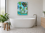 River Garden Trees floral canvas print on the wall of a bathroom