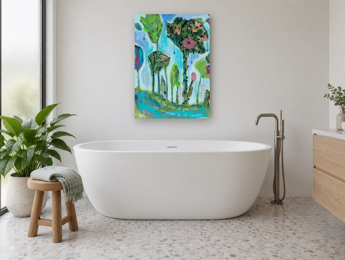 River Garden Trees floral canvas print on the wall of a bathroom