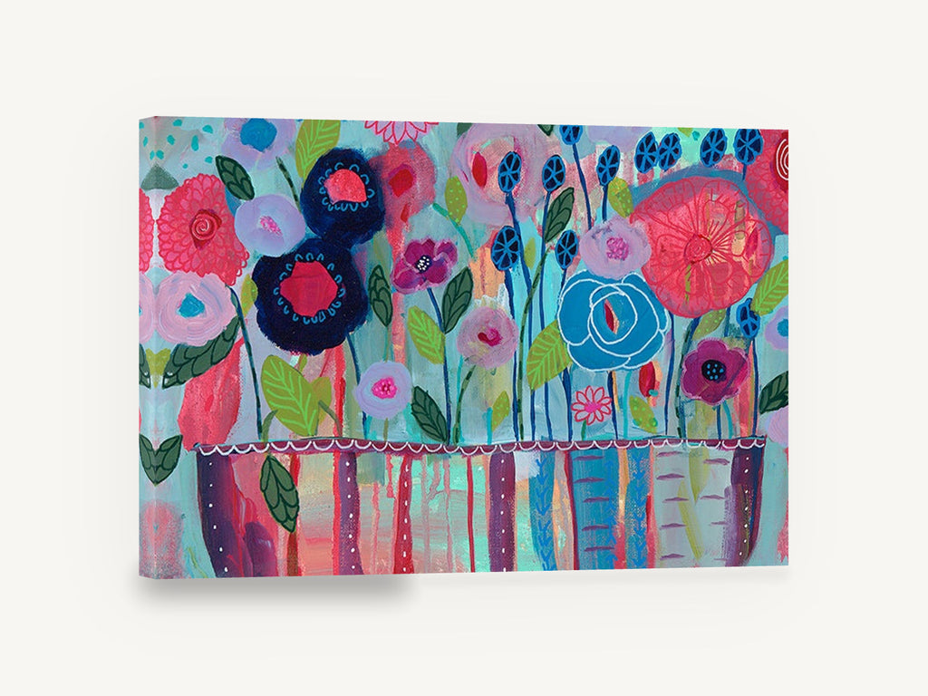 Joyful Flower Vase, colourful folk style floral vase painting, floral canvas wall art print ready to hang