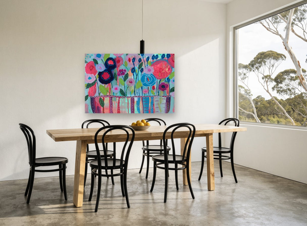 Joyful Flower Vase floral canvas print on the wall of a dining room