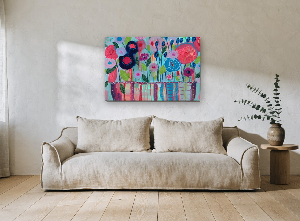 Joyful Flower Vase floral canvas print on the wall of a living room